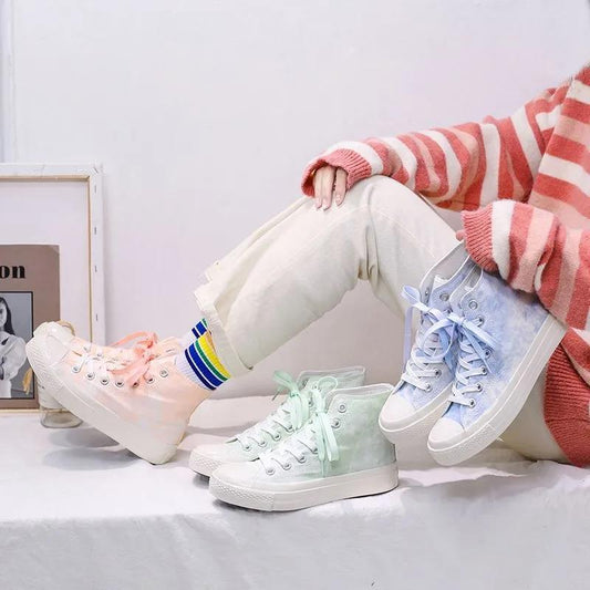 Gradient Color Lace-up Canvas Shoes Female Students Korean Style High-top Shoes Female Tie-dye Shoes