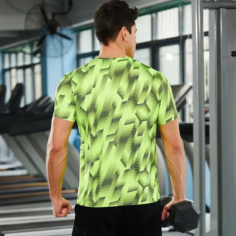 Sports Shirts Geometric Print T-shirt Breathable Casual Quick Dry Running Tees Half Sleeves High Elastic Top Men Clothing Summer
