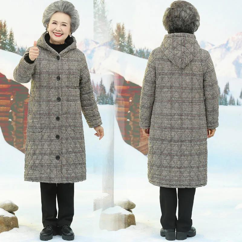 Middle-aged and Elderly Women's Grandmother Winter Padded Jacket Mid-length Plus Velvet Thickening Elderly Mother's Coat