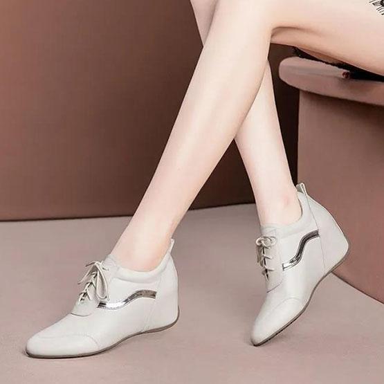 Women's Autumn Inner Heightening Single Shoes Versatile Thick Heel Round Head Soft Leather Wedge-soled Shoes