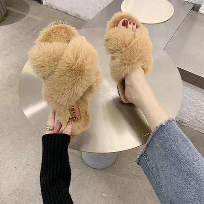 Women's Fluffy Slippers for Autumn and Winter Outer Wear Flat All-match Shoes