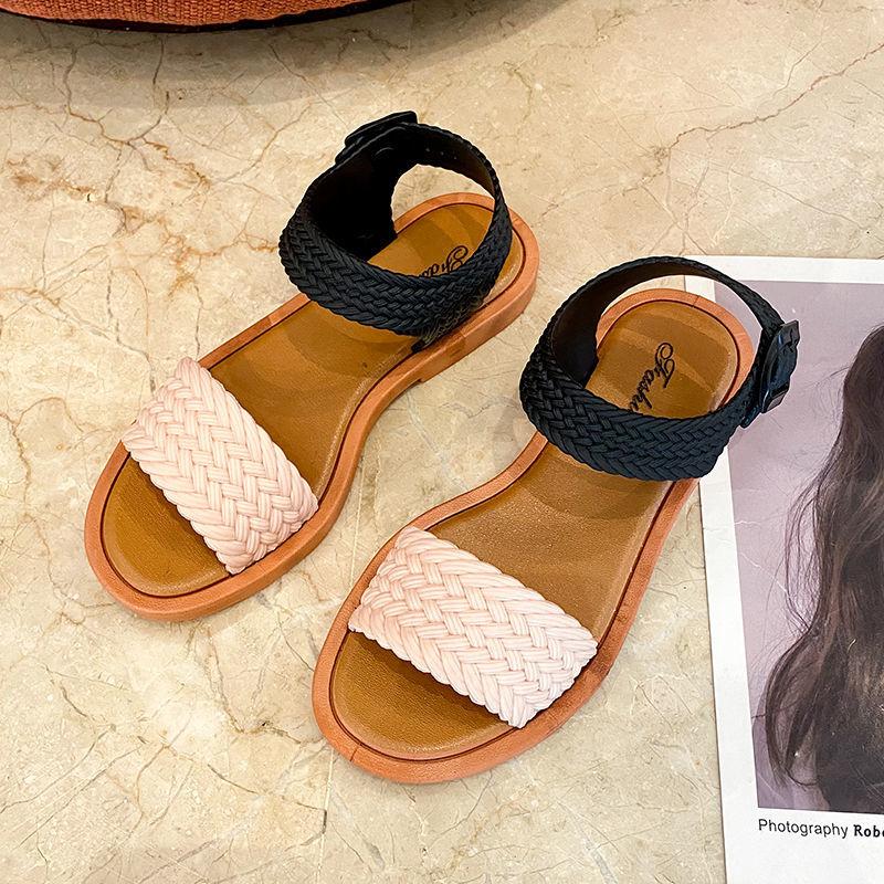 Summer Fashion Imitation Woven Buckle Strap Low heel Ethnic Style Ladies Sandals Slippers Open toe Fish Mouth Sandals Women