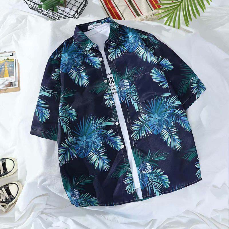 Summer Short-sleeved Shirt Retro Loose Seaside Vacation Hawaiian Flower Shirt Beach Thin Shirt