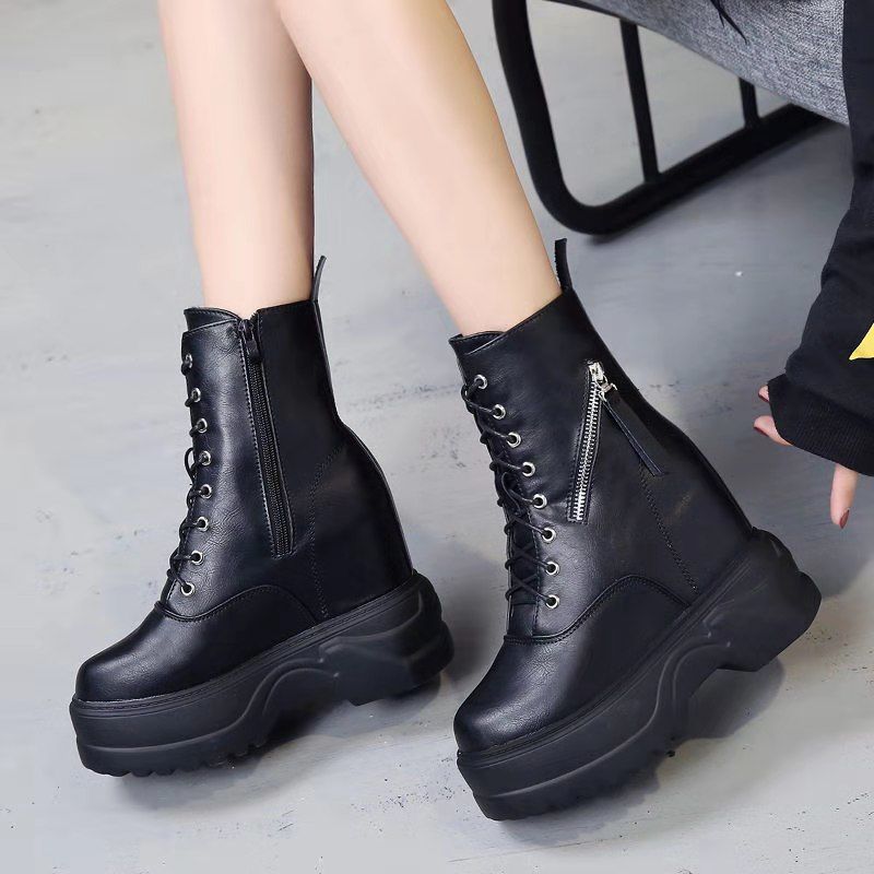Woman Leather Ankle Boots  Platform Boots Women Wedge Shoes Autumn Winter  Round Toe Lace-up  Inside Raised Martin Boots Ladies Shoes