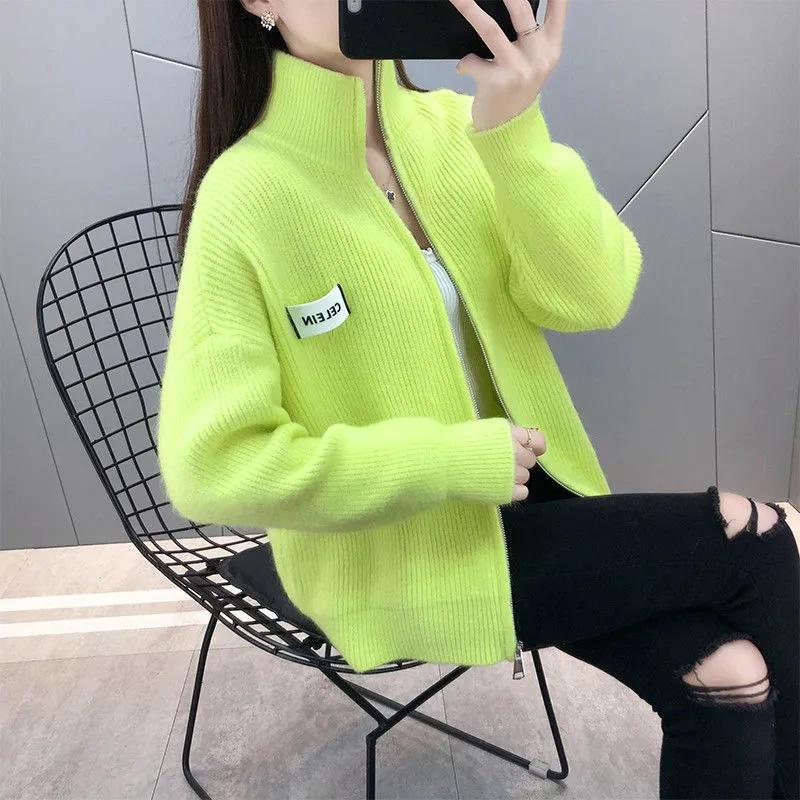 Stand Collar Women's Cardigan Sweater Short Jacket Knit Top Spring Autumn Solid Color Loose Sweater Outer Wear