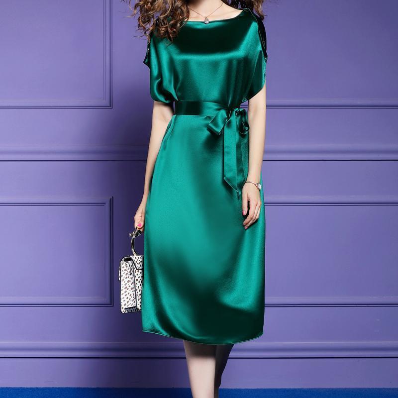 Plus Size S-XXXXXL Summer Mid-length Silky Satin Ladies Dress Short-sleeved Over-the-knee Dress Free Belts of The Same Color