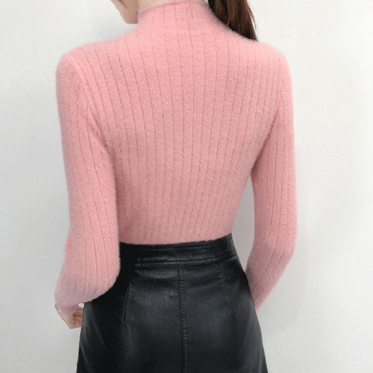 Mink Fleece Sweater Women's Solid Color Letter Embroidered Sweater Cropped Half Turtleneck Bottoming Shirt