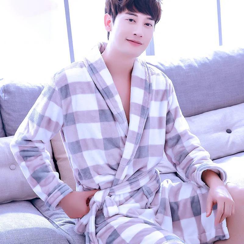 Plus Size Men Cashmere Bathrobe Long Robe Coat Shawl Bathrobe Absorbent and Quick-drying Home Clothes