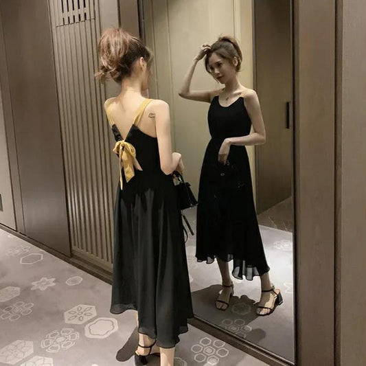Black Sexy S-XL Women's Chiffon Dress Backless Bowknot Sleeveless Solid Color Elastic Waist Mid-calf Daily Wear Office Dating Party