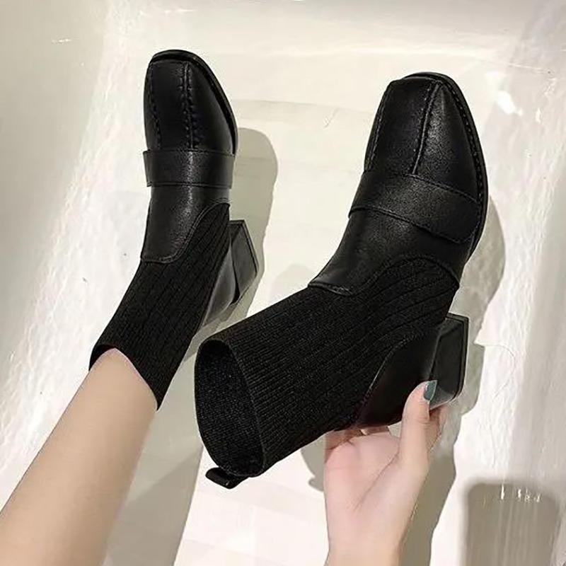Women's Thick Heel Fashion Boots Autumn and Winter Trend All-match High-heeled Boots Short Tube High-top Shoes Microfiber Sock Boots