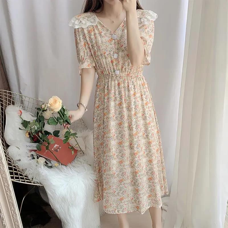 Women's Summer Sweet Short Sleeve Long Floral Dress Doll Collar Thin A-line Skirt