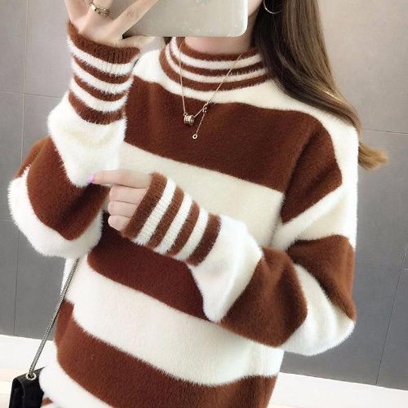 Women's Loose Large Size Striped Sweater Autumn and Winter Turtleneck Sweater Thick Warm Sweater