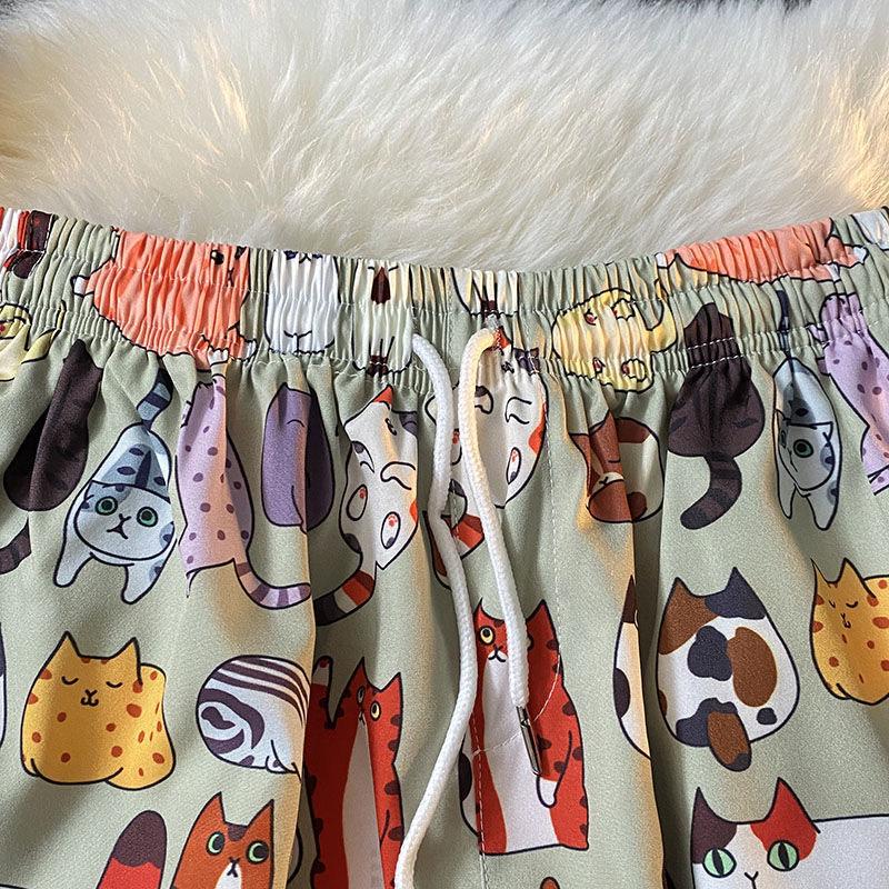 Men's Shorts Summer Casual Cat Print Loose Thin Section Couples Seaside Vacation Beach Pants Versatile Comfortable Breathable Five-point Pants