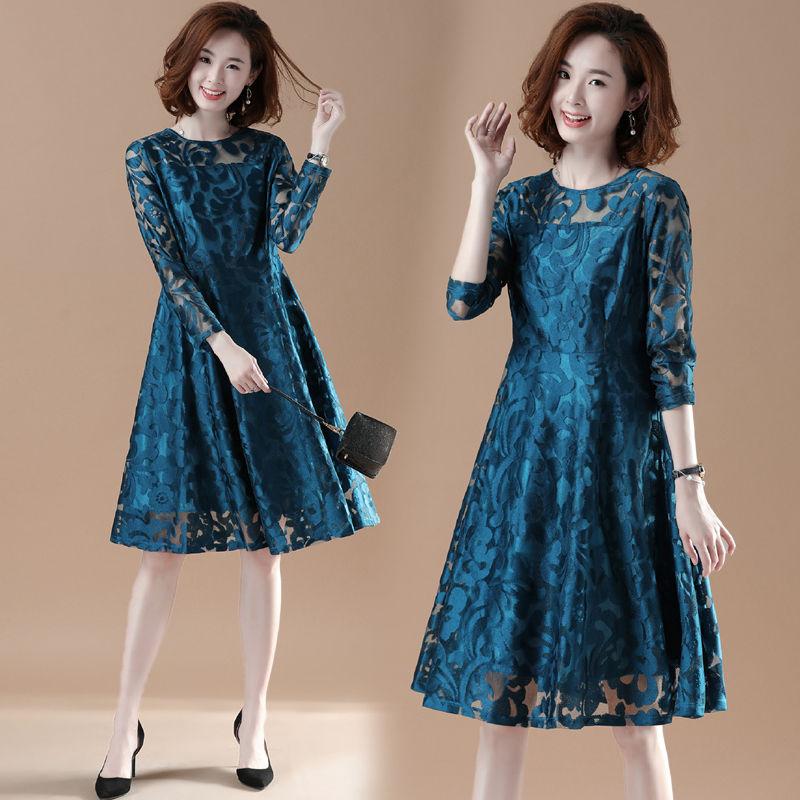 Large Size Lace Long-sleeved Dress Female Spring Summer Thin Hollow A-line Skirt All-match Dinner Dress