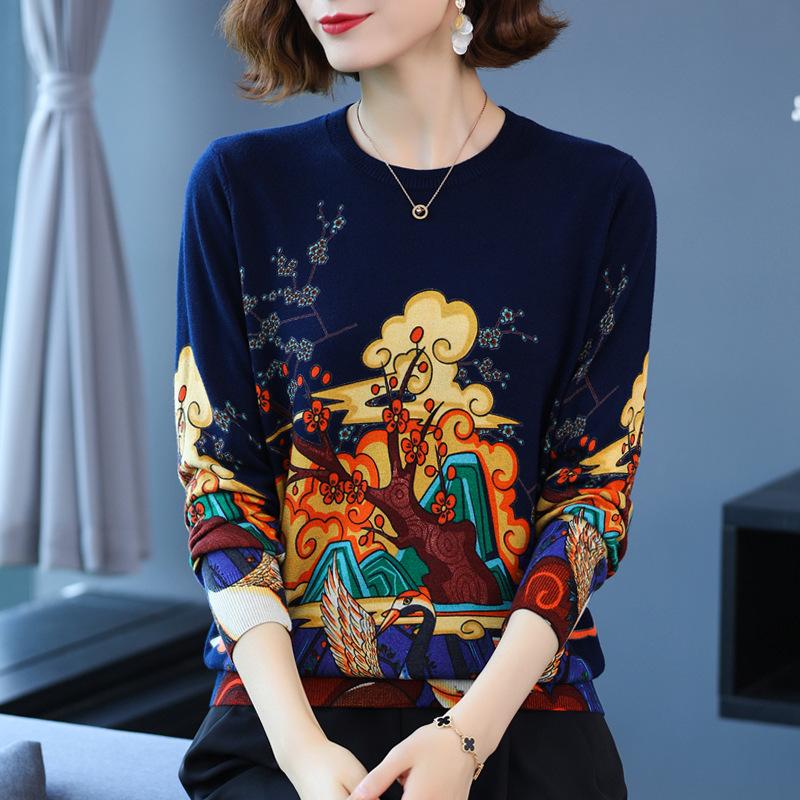 Autumn and winter ladies fur round neck bottoming shirt fashion printing shirt sweater