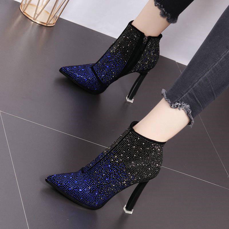 Woman Boots Slim High Heel Pointed Toe Winter Zipper Shiny Crystal Elegant and Temperamental