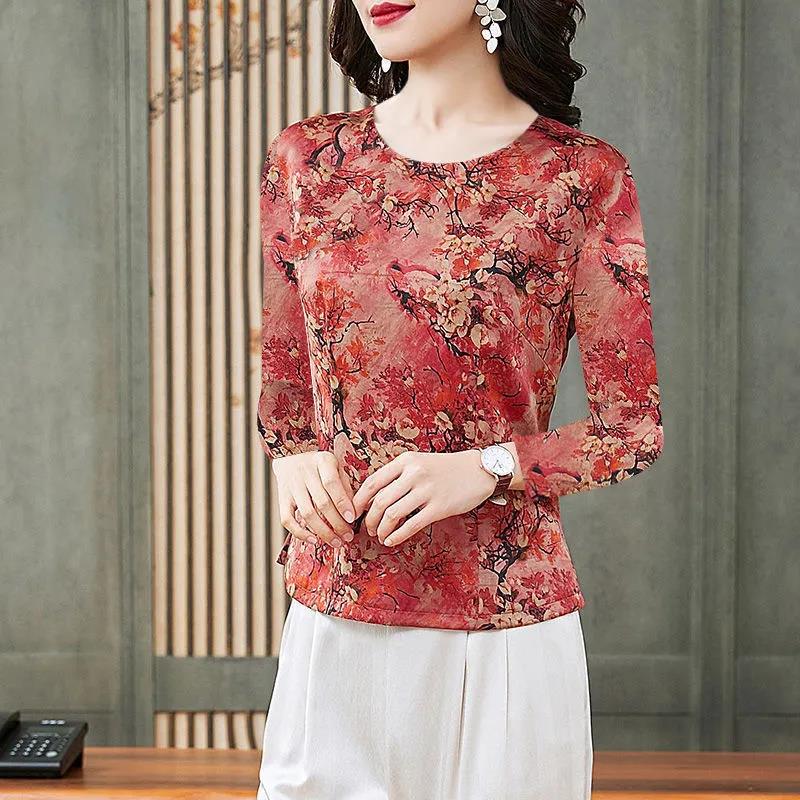 Mother's Clothing Spring and Autumn Round Neck Long-sleeved T-shirt Women's Floral Loose Top