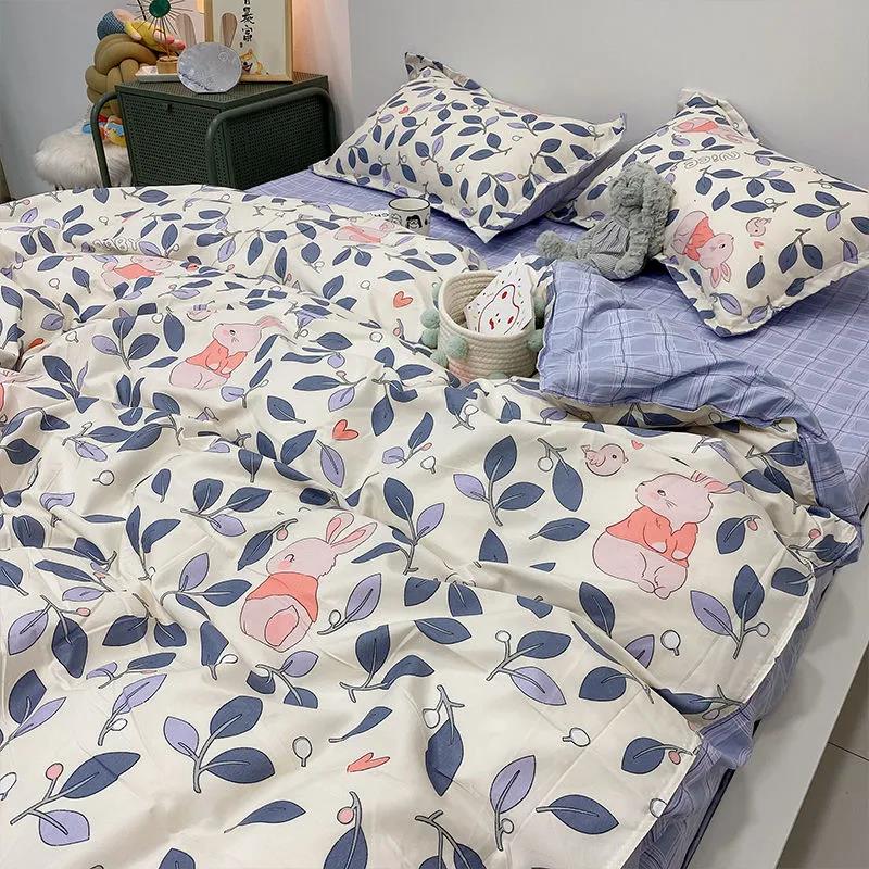 Modern Minimalist Korean Flower Print Bed Four-piece Girl Bedroom Bed Sheet Quilt Cover Student Dormitory Four-piece Set