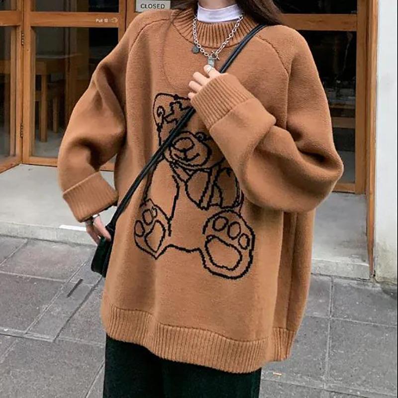 Autumn and Winter Women's Sweater Korean Loose Print Pullover Sweater Cute Round Neck Top