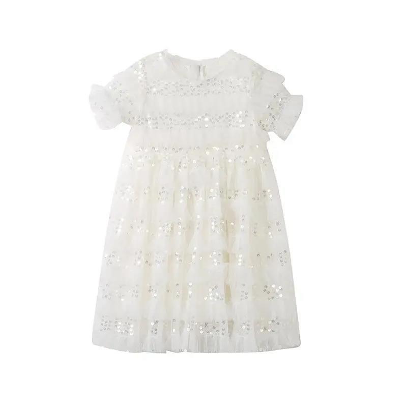 Girls White Fluffy Princess Dress Sequins Sweet Baby Summer Dress Mesh Short Sleeve Large Skirt Dress