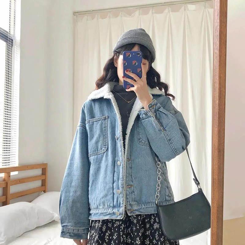 Women's Thick Denim Jacket Autumn and Winter Korean Style Wild Mid-length Lamb Hair Plus Velvet Cotton Clothes Women