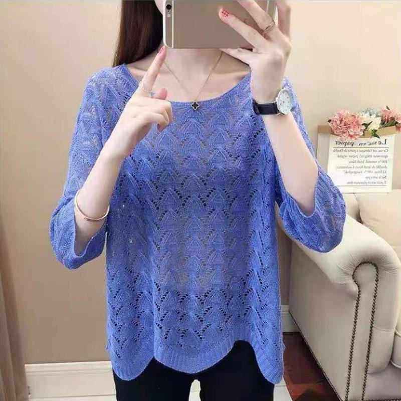 Women's Thin Hollow Knitted Sweater Three-quarter Sleeve Bottoming Shirt Loose Pullover Hollow Short-sleeved Sunscreen Top