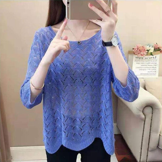 Women's Thin Hollow Knitted Sweater Three-quarter Sleeve Bottoming Shirt Loose Pullover Hollow Short-sleeved Sunscreen Top