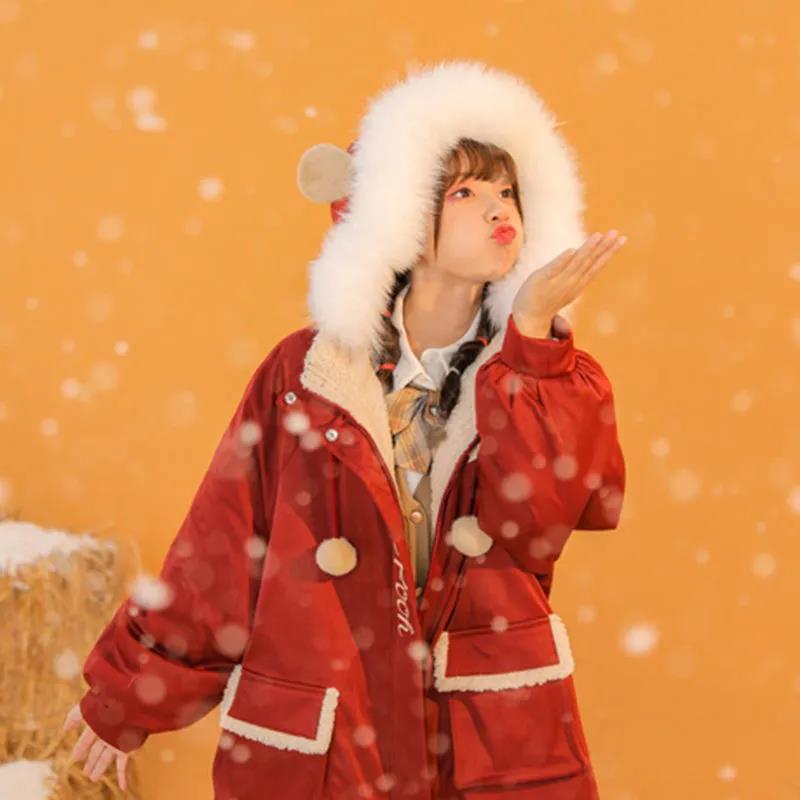 Big Fur Collar Padded Jacket Winter Clothes Cute Bear Ears Hair Ball Mid-length Plus Velvet Thick Padded Coat Student Girl