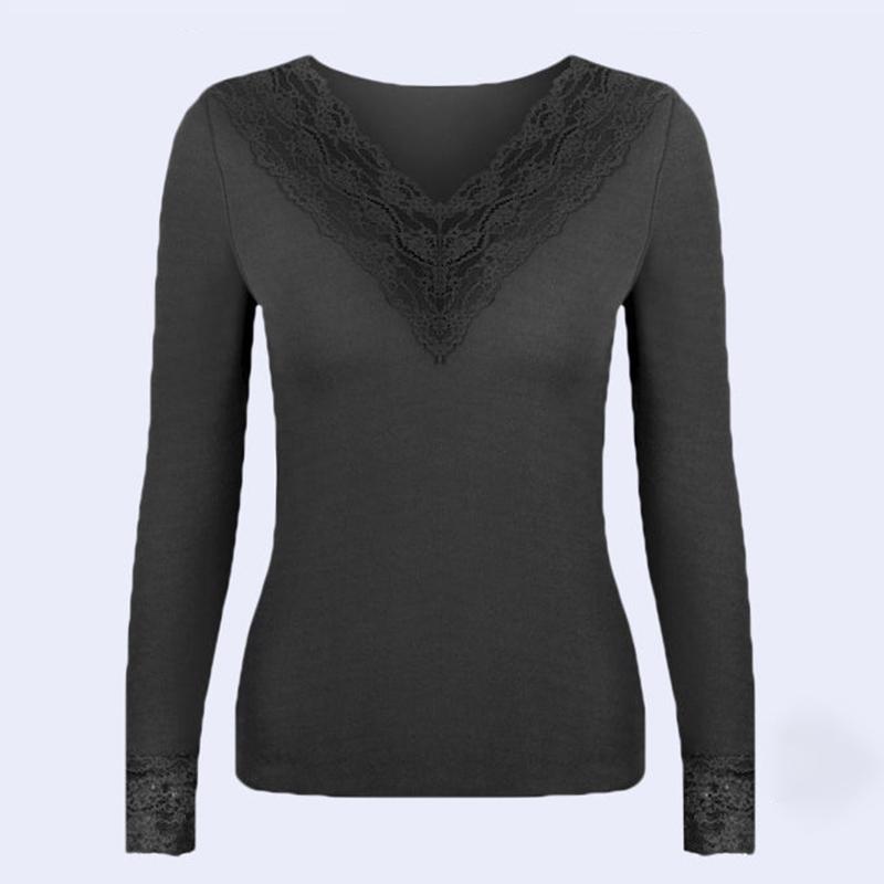 Women Winter Autumn Warm Thermal Underwear Lace V-neck Tops Female Tight Thicken Windproof Comfortable Soft Lining Long Sleeve High Elasticity Slim
