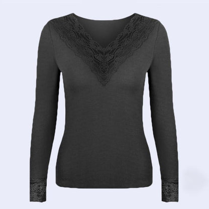 Women Winter Autumn Warm Thermal Underwear Lace V-neck Tops Female Tight Thicken Windproof Comfortable Soft Lining Long Sleeve High Elasticity Slim