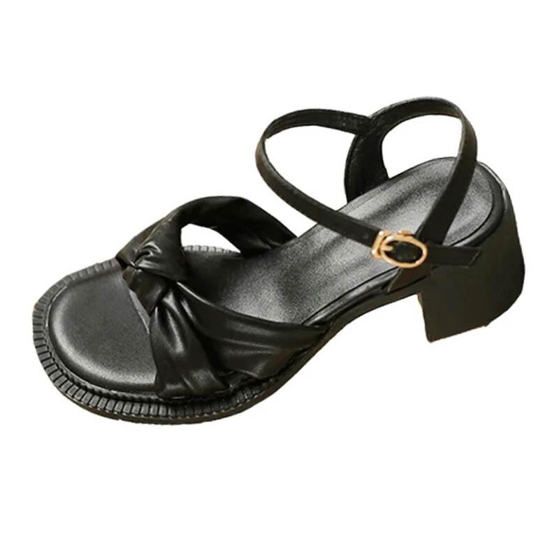 Solid Color Braided Sandals Women's All-match Fashion Thick Heel Soft Leather One-word Buckle Strap Fairy Style Women's Shoes with Skirts