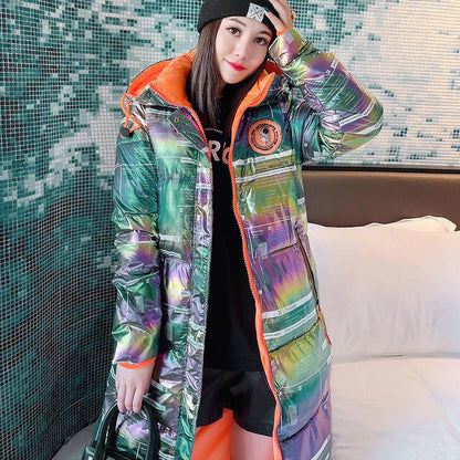 Colorful Bright Face Cotton-padded Jacket Women's Long Section Over The Knee Thickening Plus Size All-match Cotton Jacket Women's Jacket