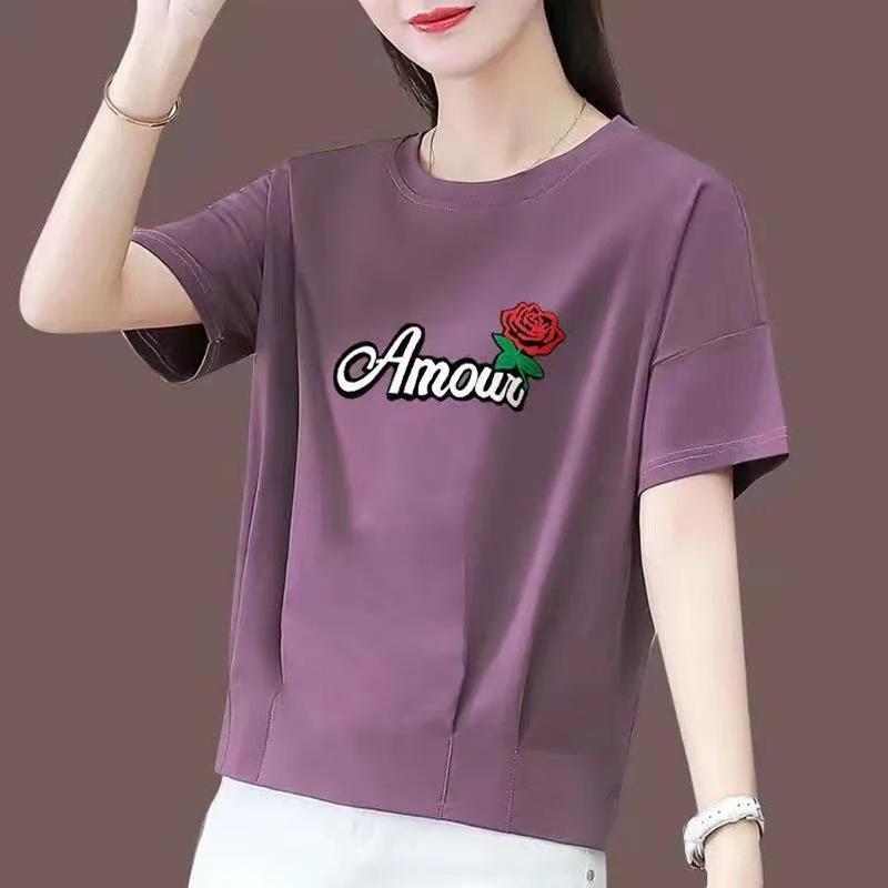 100% Cotton Pleated Short-sleeved Printed T-shirt Girls Summer Top Loose and Comfortable All-match Trendy Gown