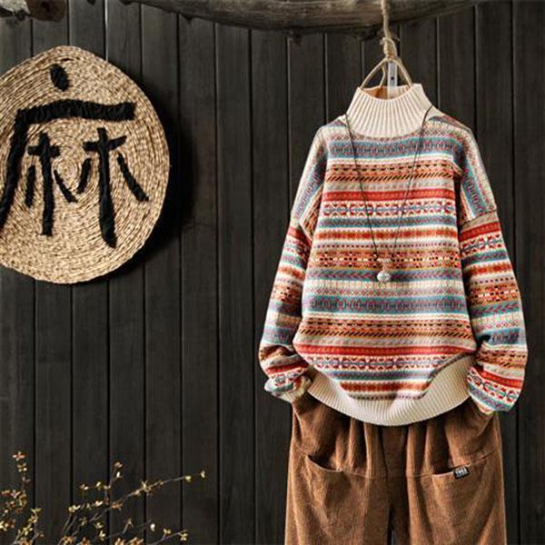 Round Neck Sweater Women Ethnic Style Vintage Thick Warm Knitted Sweater Loose Large Size Pullover Sweater Autumn and Winter