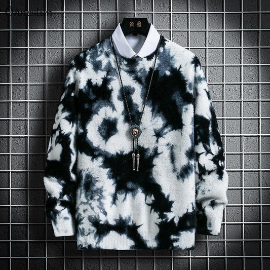Men Sweater Autumn Winter Tie-dye Printing Men's Knitted Pullover Casual Long Sleeve Imitation Mink Warm Sweater