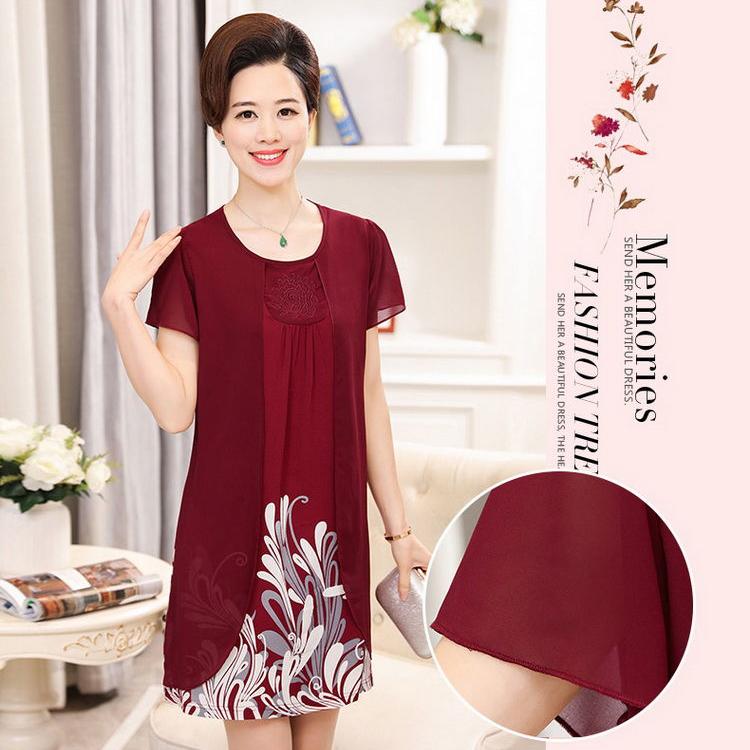 XL-XXXXXXL Middle-aged Women Summer Printed Plus Size Skirt Mother's Dress Mid-length Chiffon Yarn