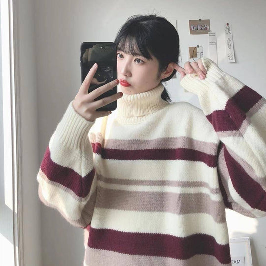 Autumn and Winter Turtleneck Striped Loose Sweater Female Hedging Was Thin Wild Sweater