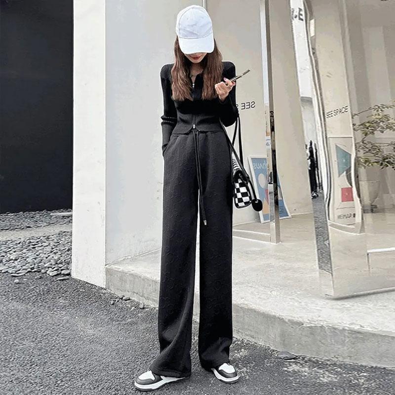 Women's White Knitted Wide Leg Pants Autumn and Winter High Waist Vertical Straight Pants Loose Printing Trousers Mopping Pants