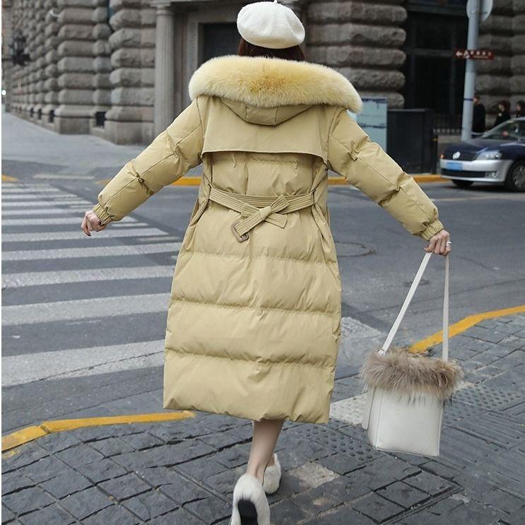 Down Jacket Women's Long Over The Knee Thick Warm Belt Fox Fur Real Fur Collar White Duck Down