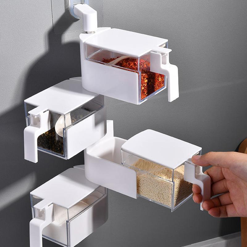Net Celebrity Spice Box Multi-cell with Lid Household Multi-function Body Rotatable Wall-mounted Kitchen Set Storage Artifact