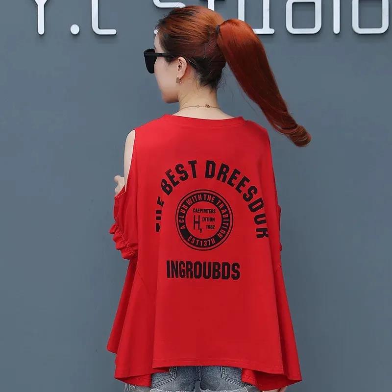 Short-sleeved T-shirt Women Loose Large Size Women's Off-the-shoulder Top Half-sleeved T-shirt Off-the-shoulder Round Neck Loose Casual Ladies T-shirt