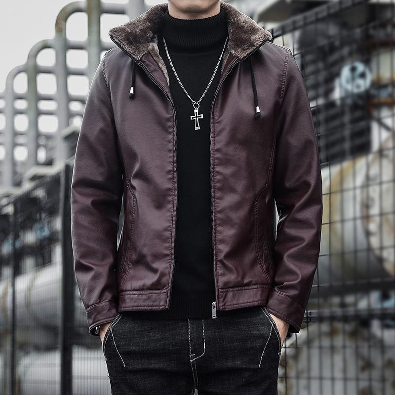 Plush Thick Men's Leather Jacket Winter Slim Hooded Trendy Handsome Motorcycle Leather Jacket