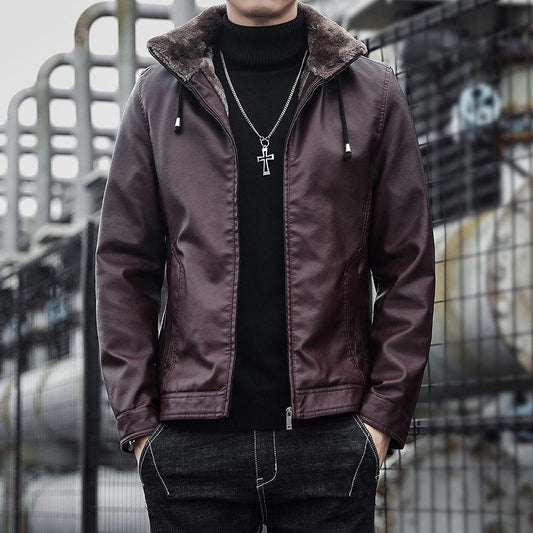 Plush Thick Men's Leather Jacket Winter Slim Hooded Trendy Handsome Motorcycle Leather Jacket