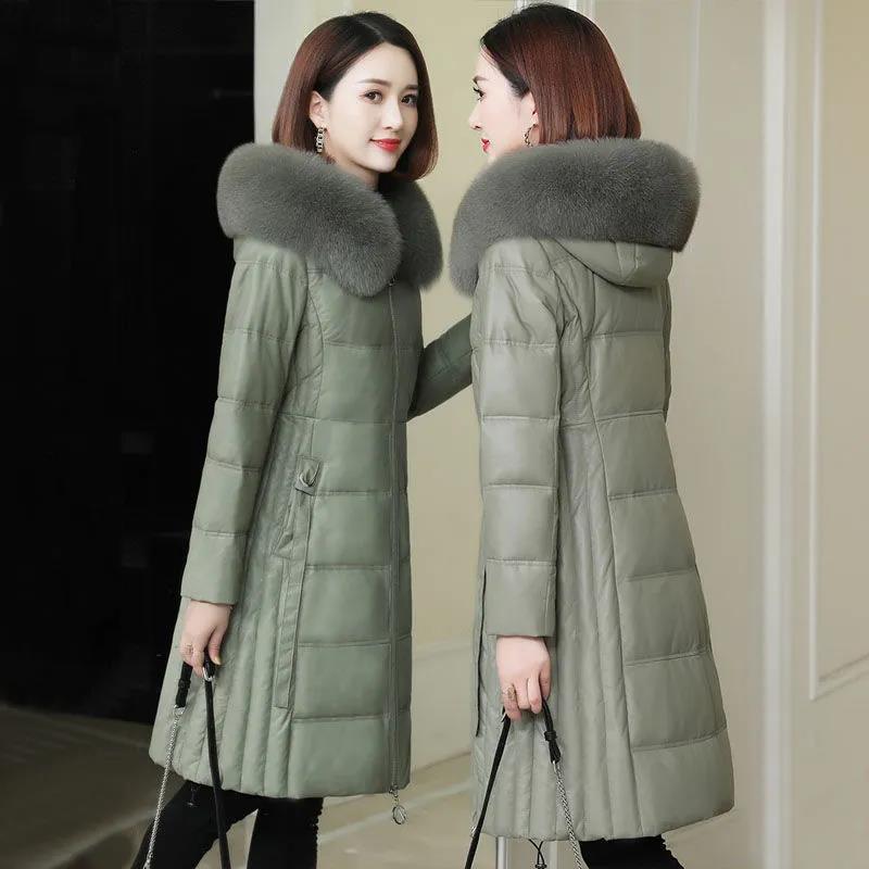 Women's Solid Color Embroidered Down Jacket Mid-length Korean Style Loose Thick Coat Warm Cotton Coat Large Fur Collar Winter Quilted Jacket