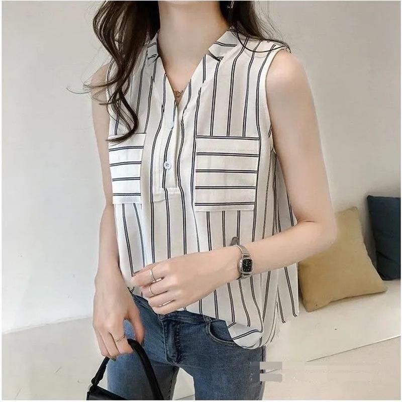 Summer V-Neck Sleeveless Stripe Casual Shirt Vest Large Size Women's Shirt
