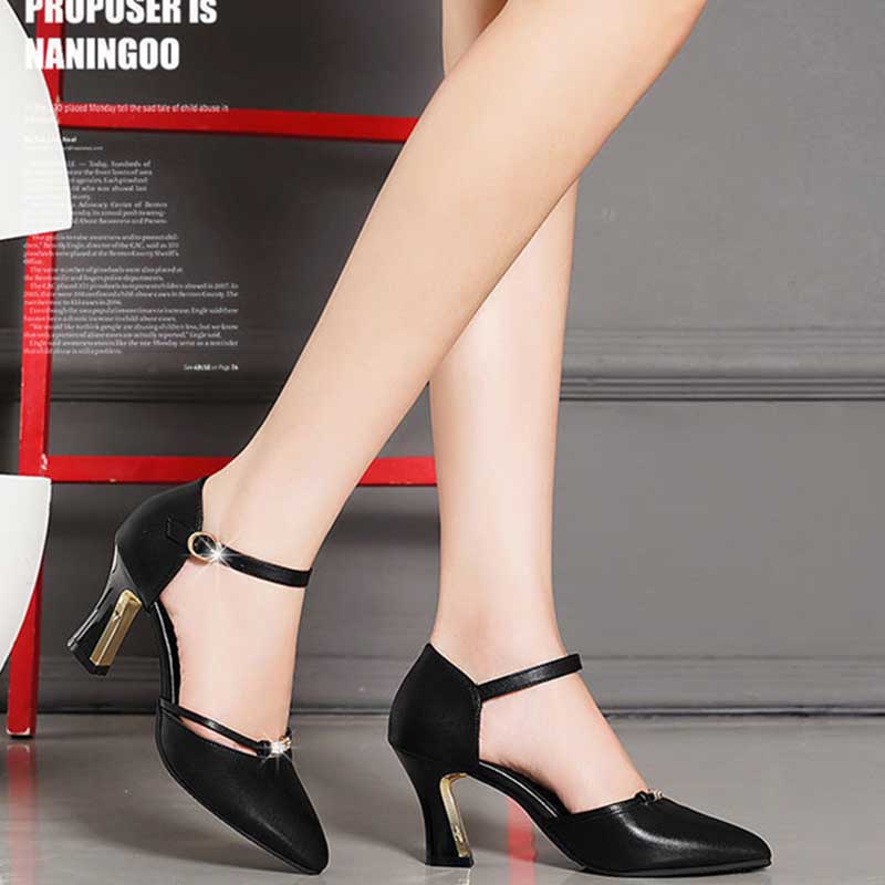 Baotou Sandals Women's Summer One Word Buckle High Heel Sandals All Match Soft Leather Shoes