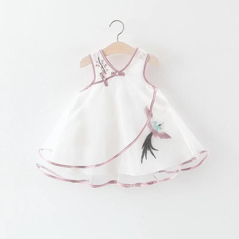 Girls Dress Temperament Cheongsam Mesh Princess Skirt Chinese Style Baby Vest Skirt Sleeveless Round Neck A-line Skirt