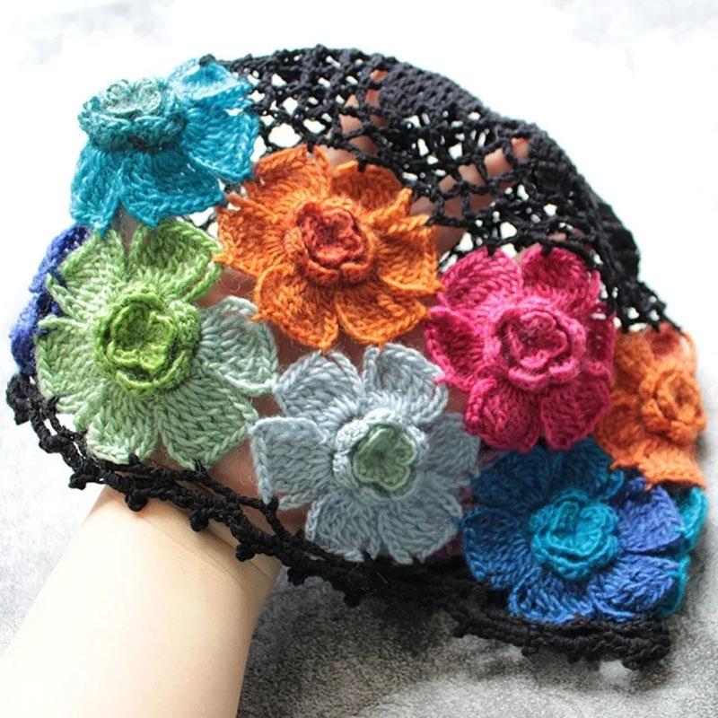 Gradient Stereo Flower Bag Head Hat Woman National Handmade Crochet Knit Hat Openwork Towel Hat