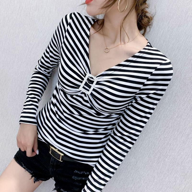 Women's Spring and Autumn Long Sleeve Bottoming Shirt Striped V-Neck Slim Top