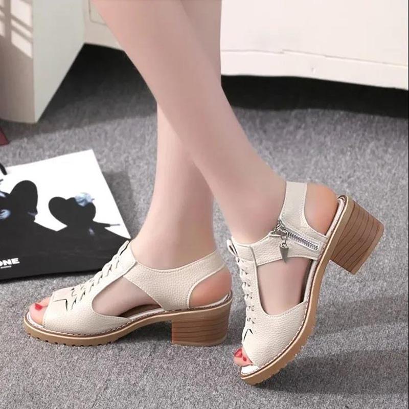 Thick Heel Sandals Female Summer Flat Bottom Korean Students Wild Fish Mouth Retro Princess Mid-heel Female Shoes